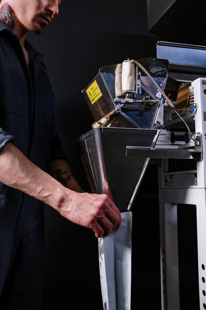 Ürünlerimiz Man in uniform operating a coffee packaging machine in a modern workspace.