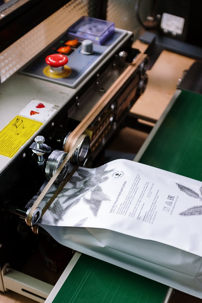 Ürünlerimiz Close-up of a coffee bag being sealed by an industrial machine, showcasing manufacturing precision.